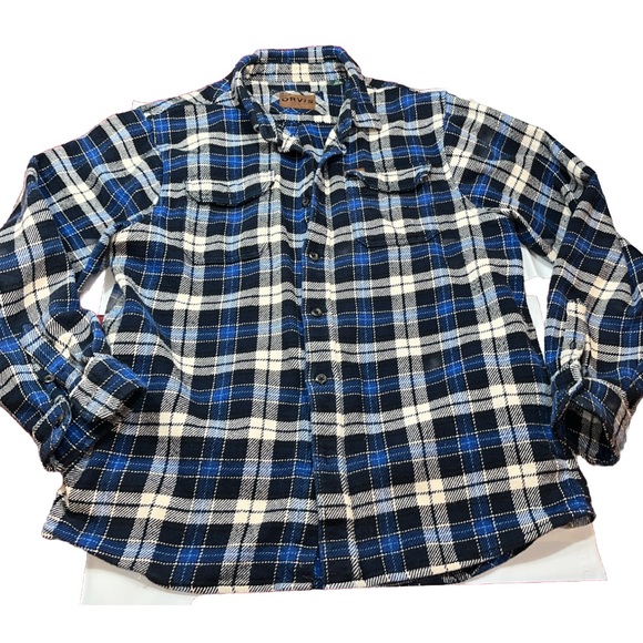 ORVIS Blue PLAID HEAVY Shirt JACKET WORK WEAR Pockets Flannel Shacket BUTTON LG - Picture 1 of 13